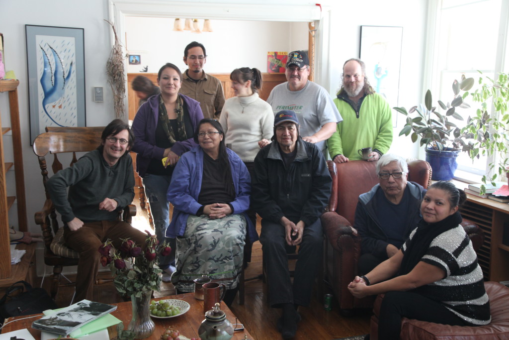 Fig. 15. Front row from left: Peter Kulchyski, the Anishnabwe-Kwe elder Judy Dasilva, the Inniniwak elder Noah Massan, the Inniniwak elder and former chief Thomas Nepataypow, the Inniniwak graduate student Ramona Neckoway. Back row from right: the environmental studies professor Stephan Mclachlan, the Inniniwak translator Ivan Moose, the graduate student and group coordinator Agnes Pawlowska, the Anishnabwe student John Mainville. Self-timed photograph.